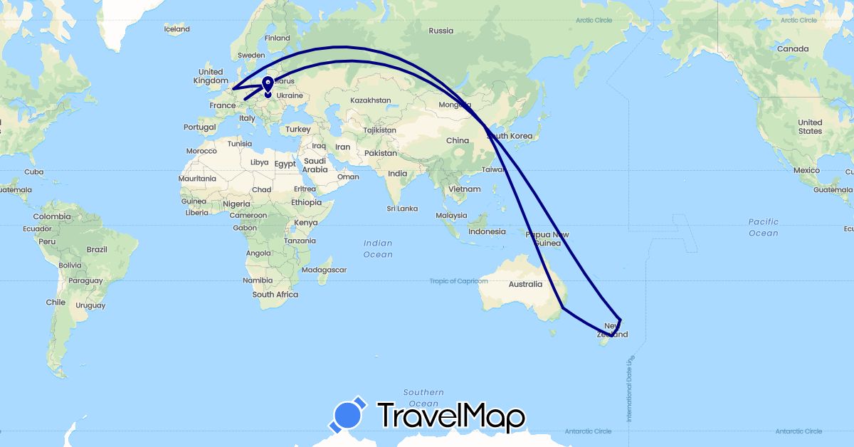 TravelMap itinerary: driving in Australia, China, Germany, New Zealand, Poland (Asia, Europe, Oceania)